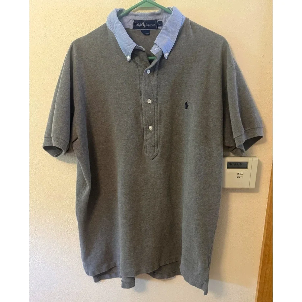 Ralph Lauren Men's XL Gray/Blue Solid Knit Polo Shirt Button-Down Collar Golf
